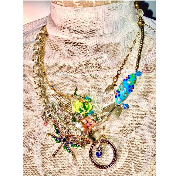 OOAK Assemblage Eclectic Vtg/New Mix Wearable Art Statement Necklace *Dragonfly - Picture 11 of 12